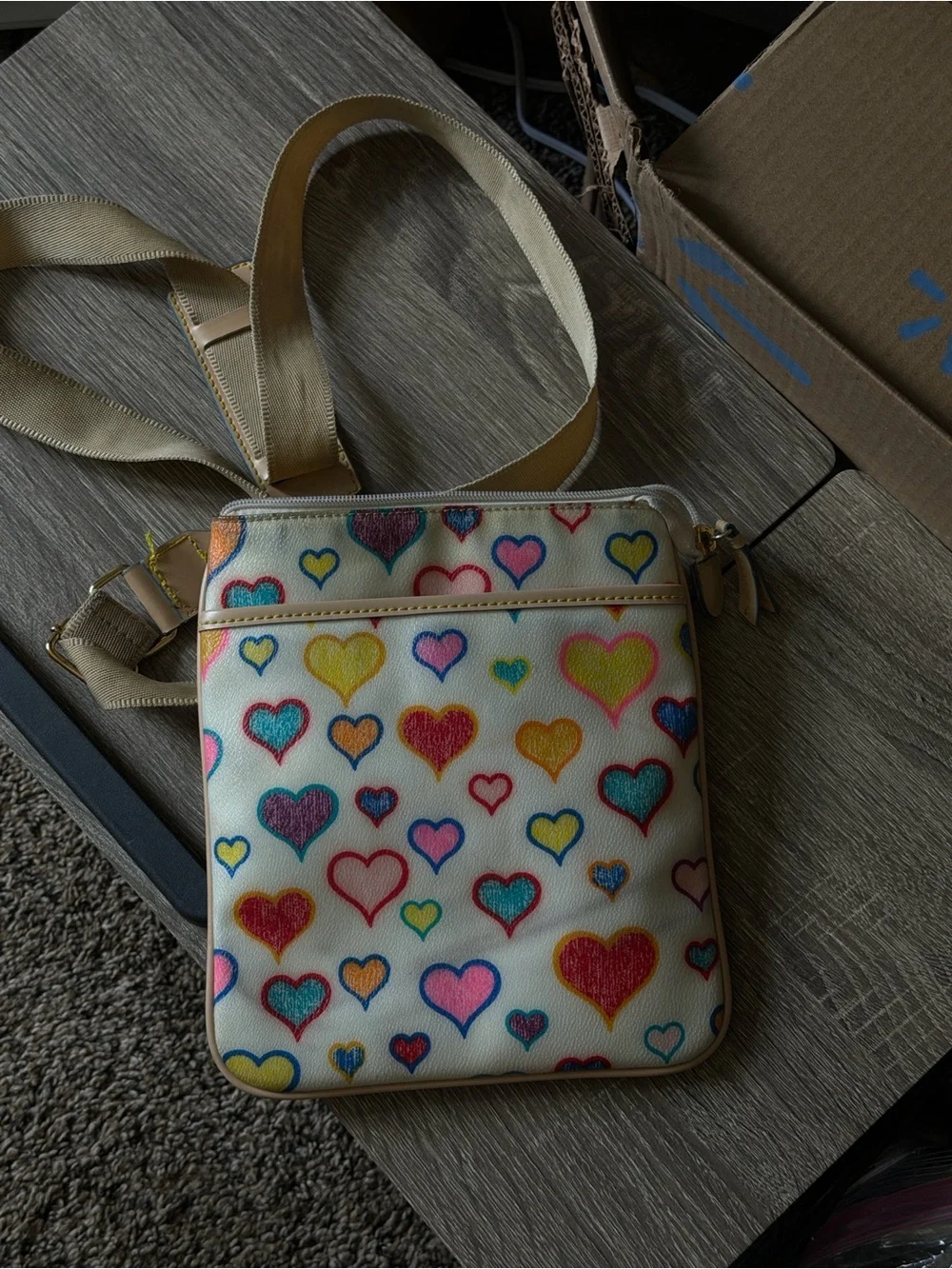 Donney Women's Cream Crossbody Bag with Multicolor Heart Print